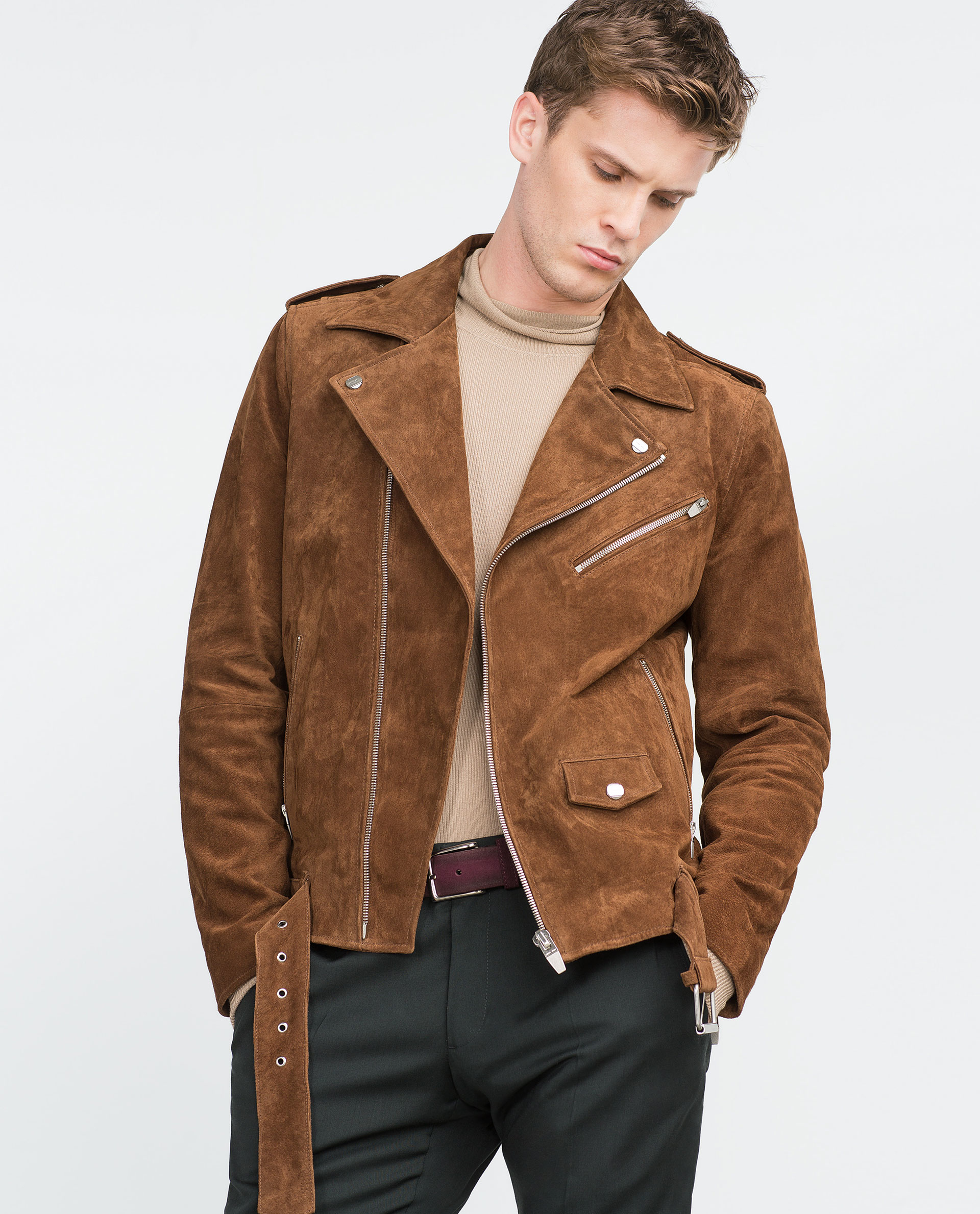  Zara  Peccary Suede Biker Jacket  in Brown for Men  Lyst