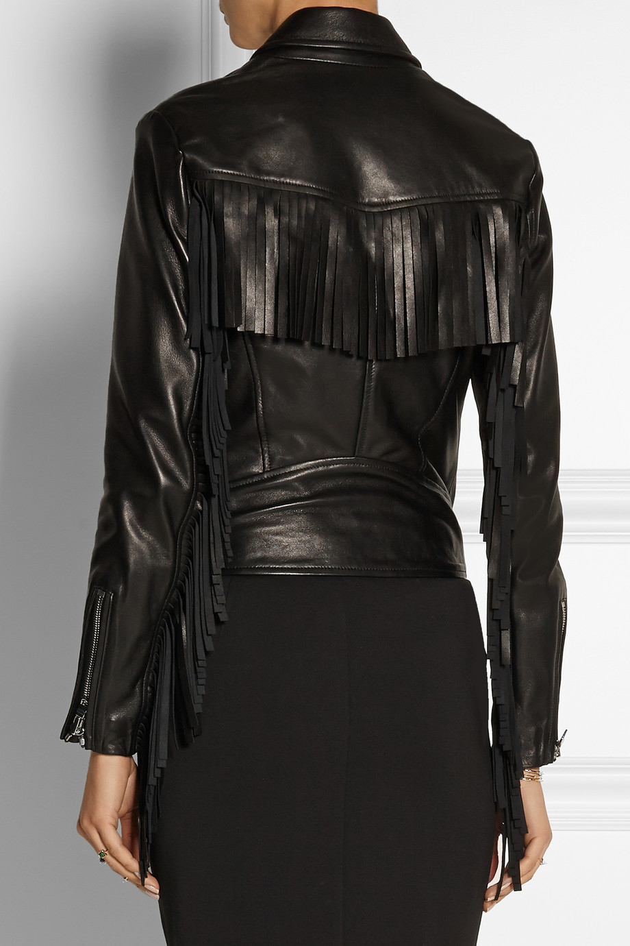 Lyst Finds + Theperfext Gina Fringed Leather Biker Jacket in Black