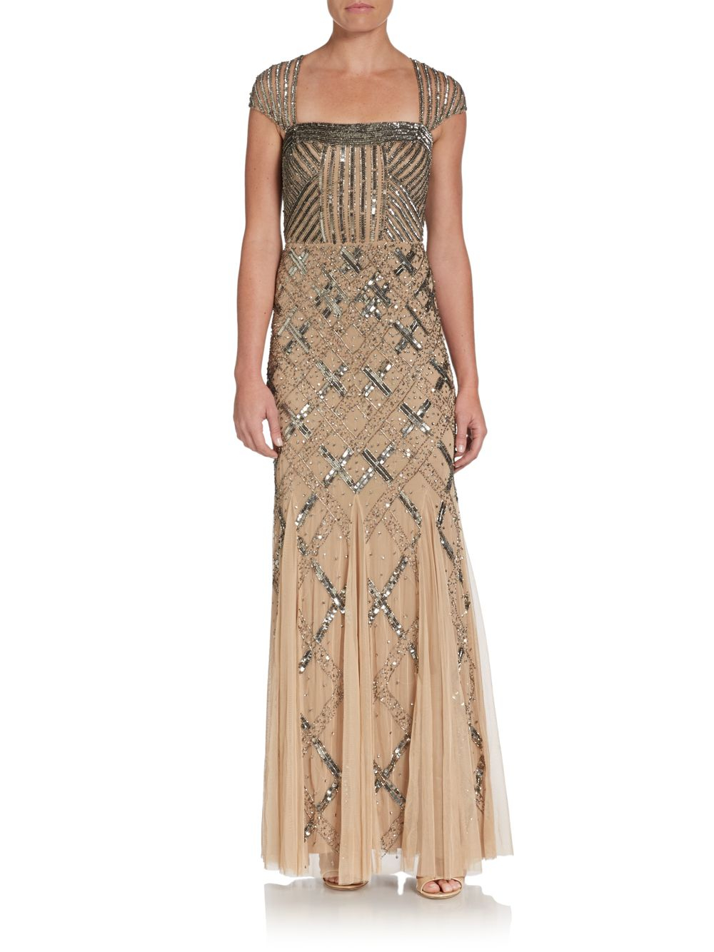 Adrianna Papell Beaded Portrait-collar Gown in Beige (nude) | Lyst