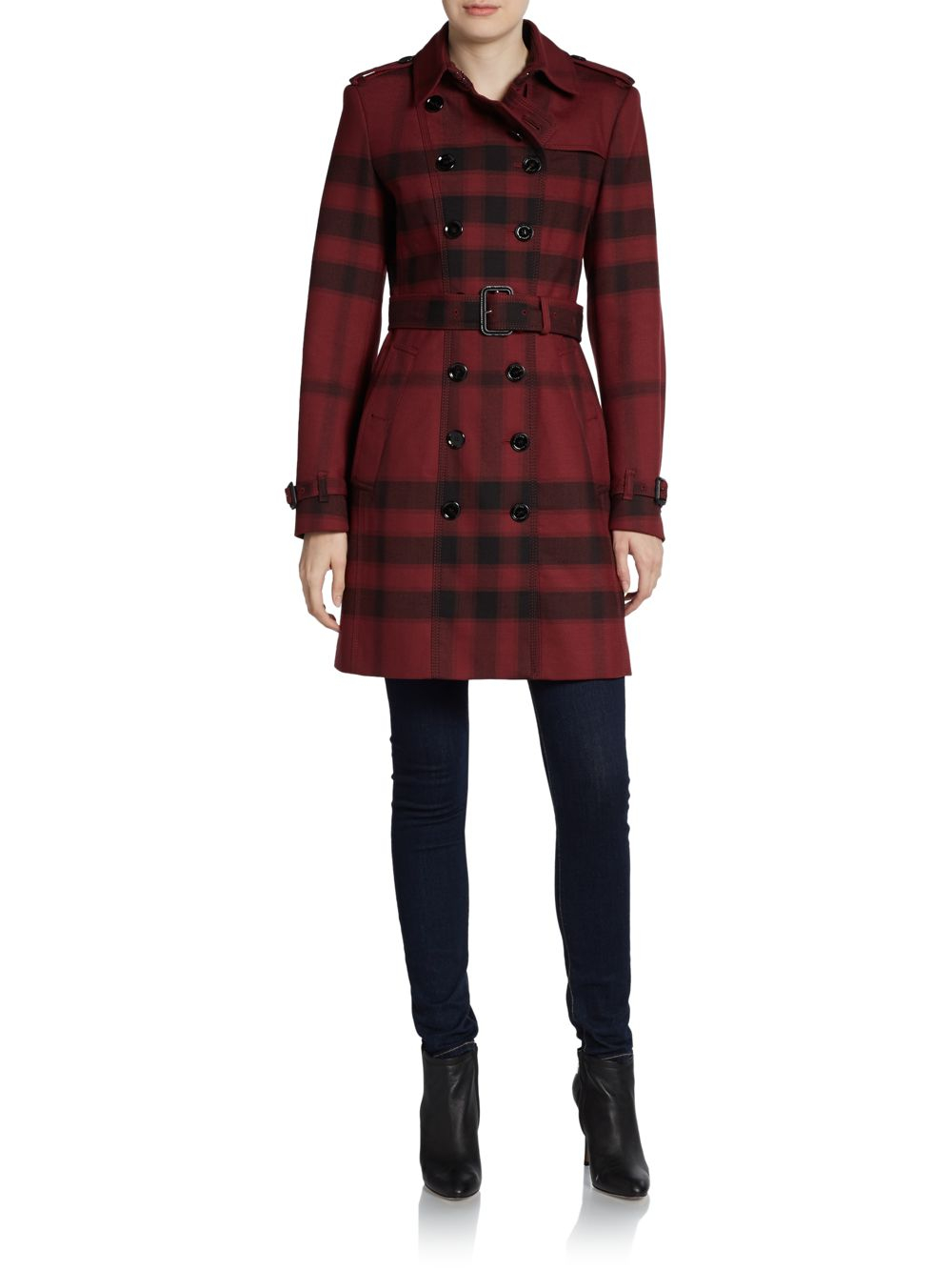 Burberry Plaid Woolblend Trench Coat in Red | Lyst
