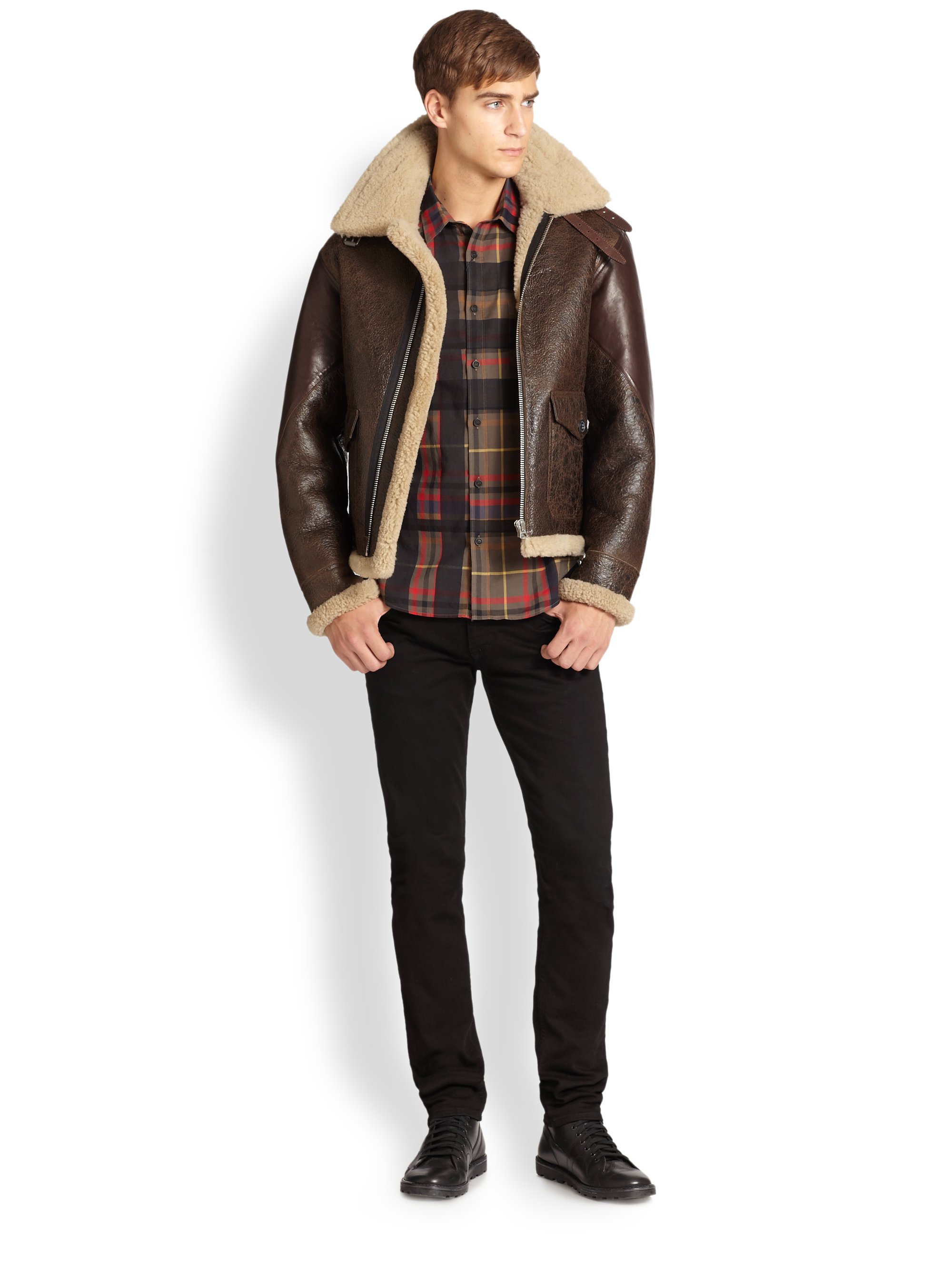 Lyst - Burberry Brit Ormsby Leather Shearling Aviator Jacket in Brown ...