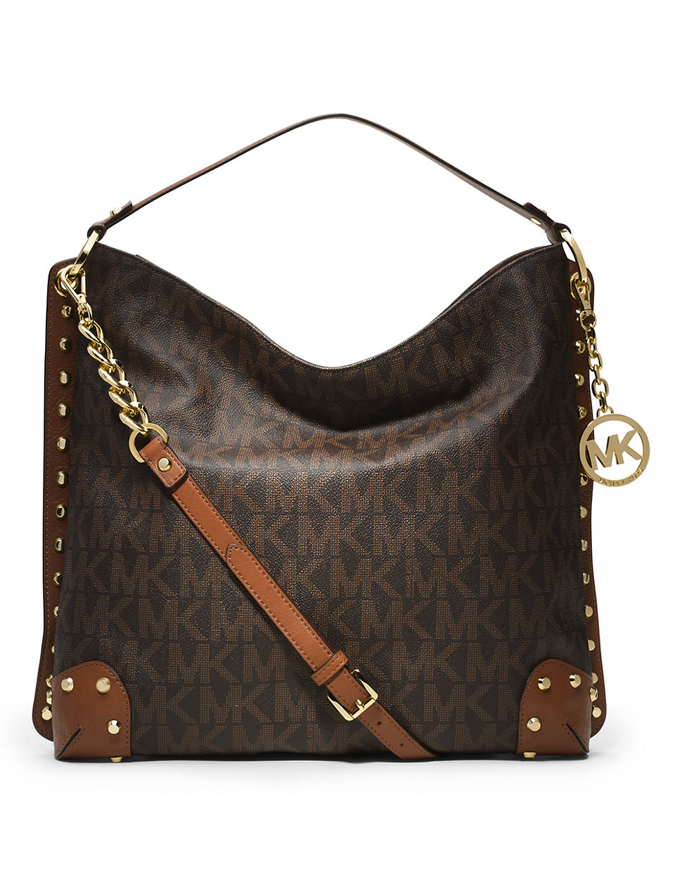 Michael By Michael Kors Studded Leather Monogram Crossbody Bag in Brown ...