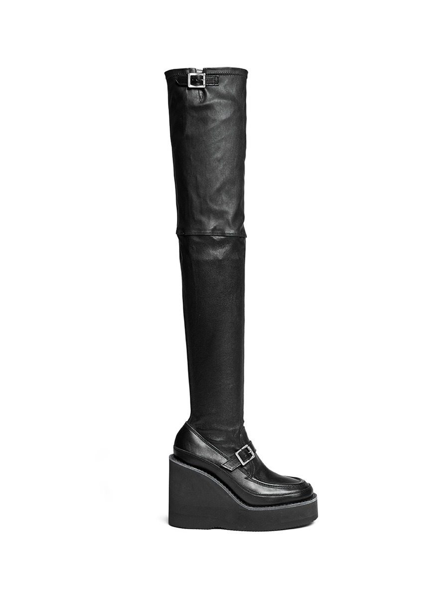 Lyst Sacai Thigh High Leather Loafer Wedge Boots In Black