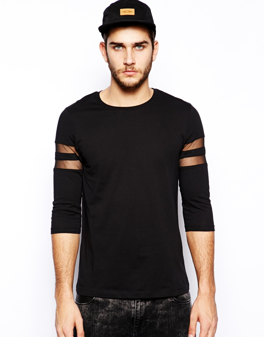 ASOS 34 Sleeve Tshirt with Mesh Stripes in Black for Men - Lyst