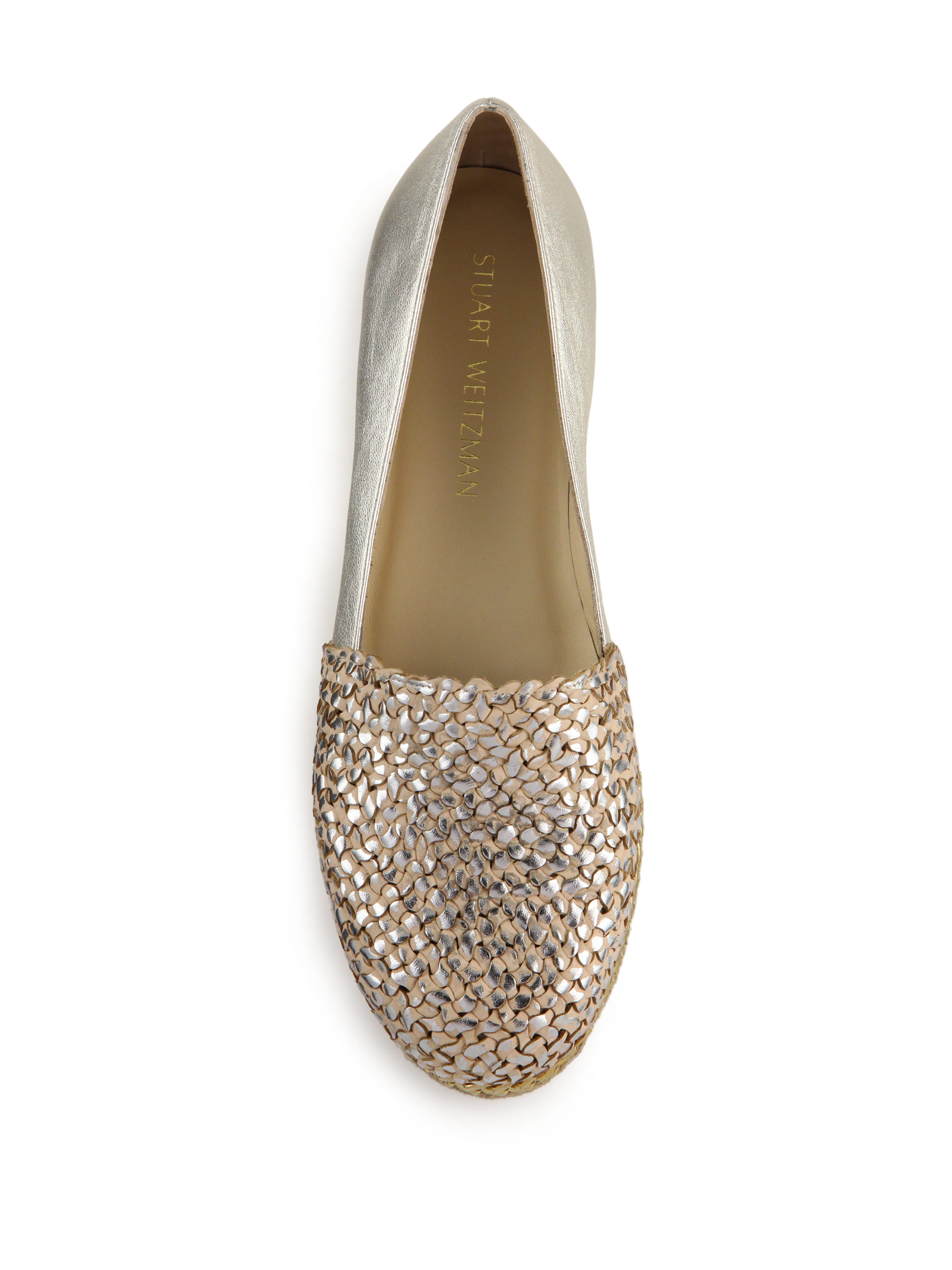 Stuart Weitzman Dayton Chain Trimmed Woven Metallic Leather Espadrilles