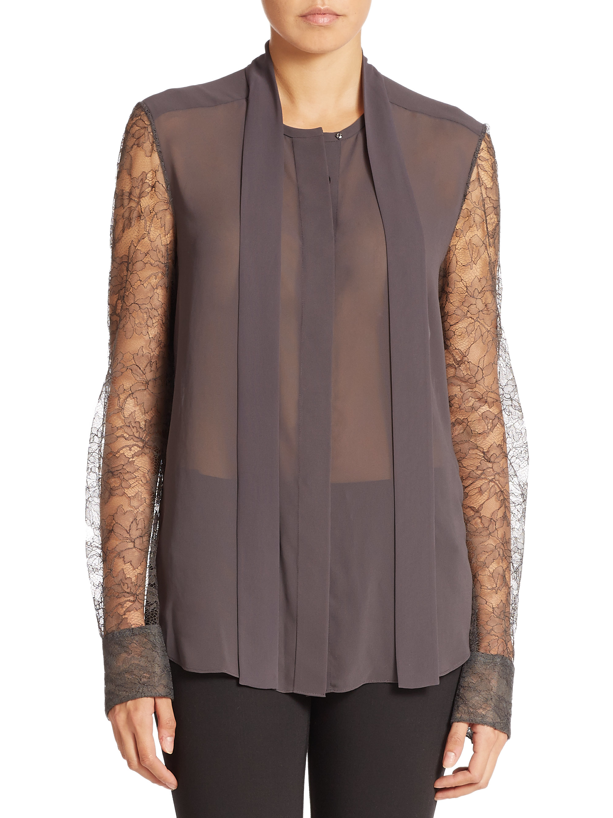 Lyst - Vera Wang Chantilly Lace-sleeve Blouse in Brown