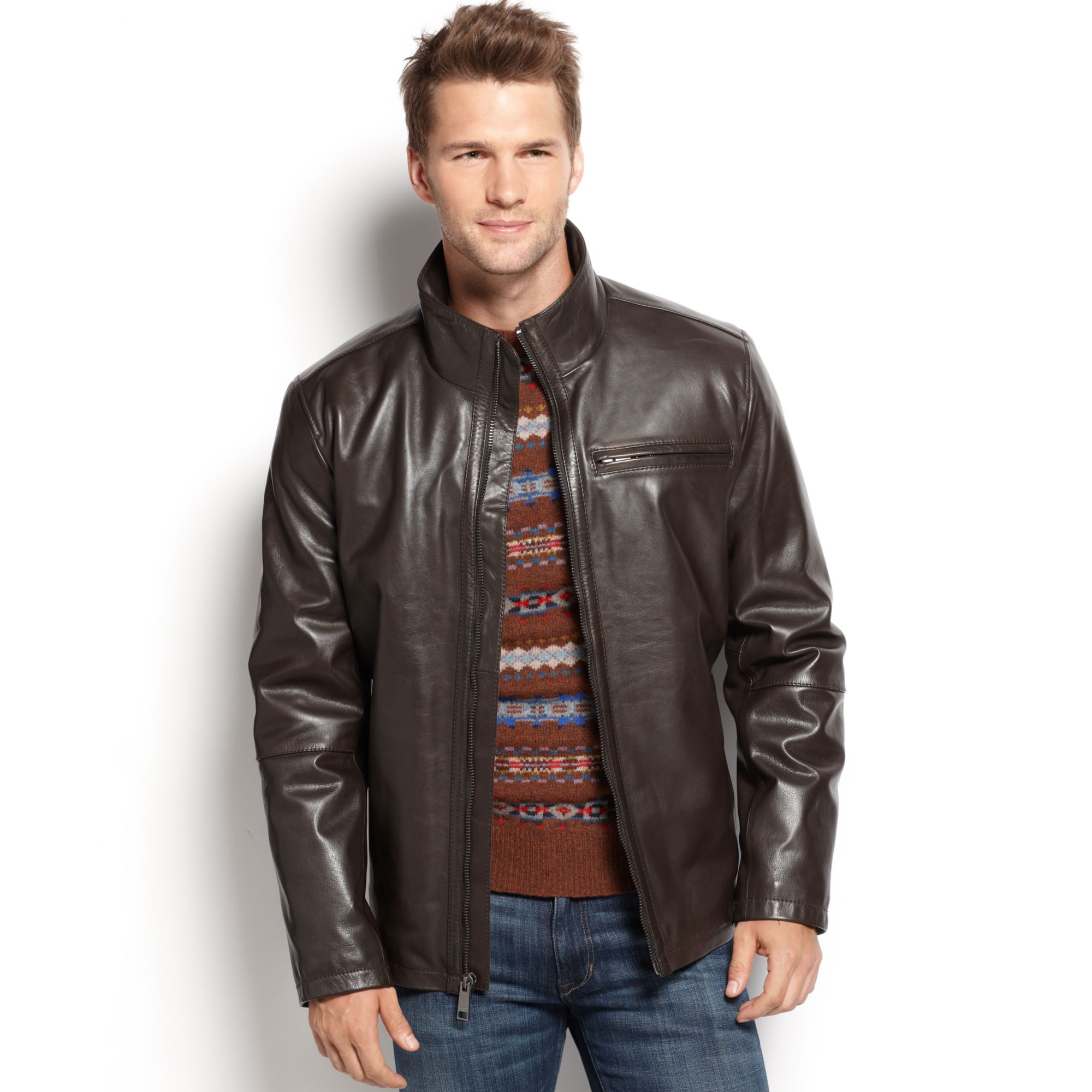 Marc New York | Brown Smooth Leather Moto Jacket for Men | Lyst