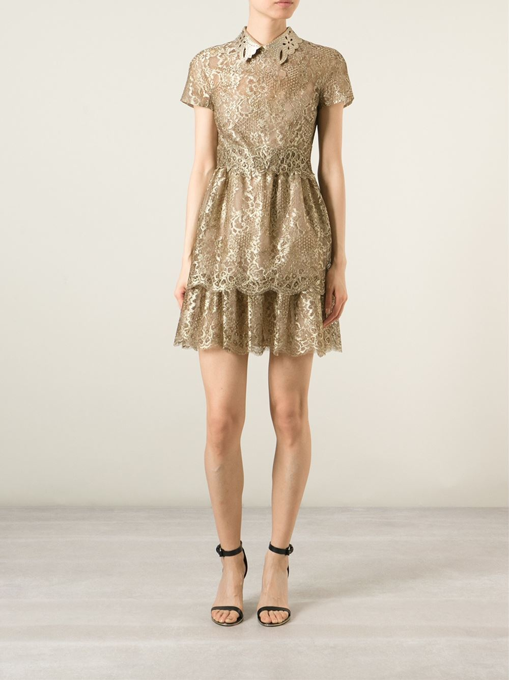 Lyst - Valentino Studded Collar Lace Dress in Metallic