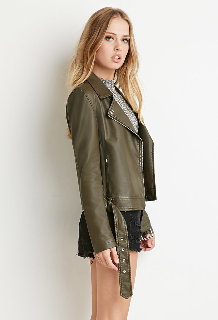 Lyst Forever 21 Faux Leather Moto Jacket In Green Gallery