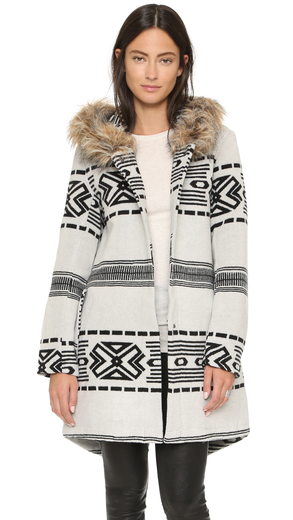 Bb dakota Brenden Jacquard Coat W/fur Trim Hood - Oatmeal in Beige ...