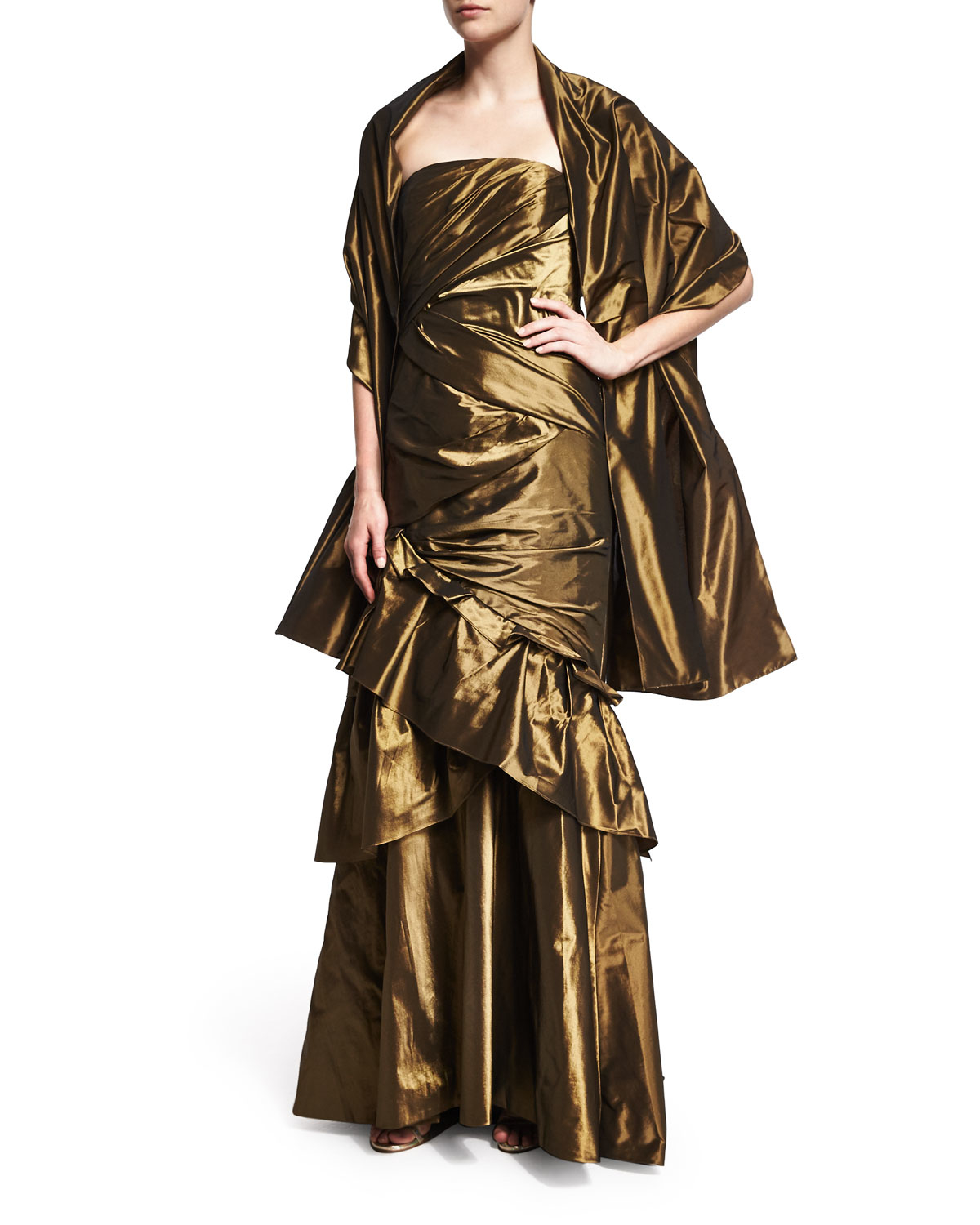 Carmen marc valvo Strapless Ruched Evening Gown W/shawl in Metallic | Lyst
