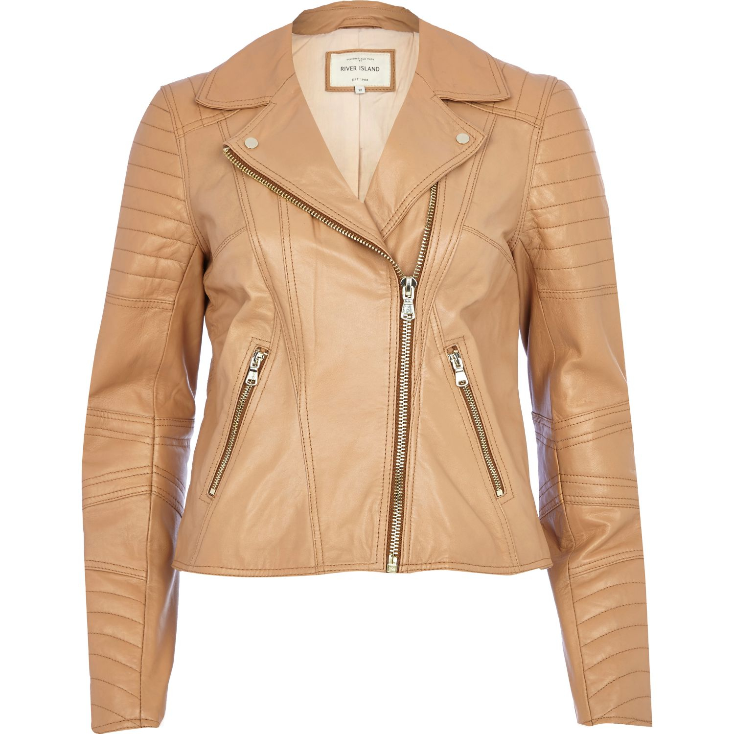 River Island Tan Leather Biker Jacket In Natural Lyst Gallery Women S Moncler Lans Knitted Jackets