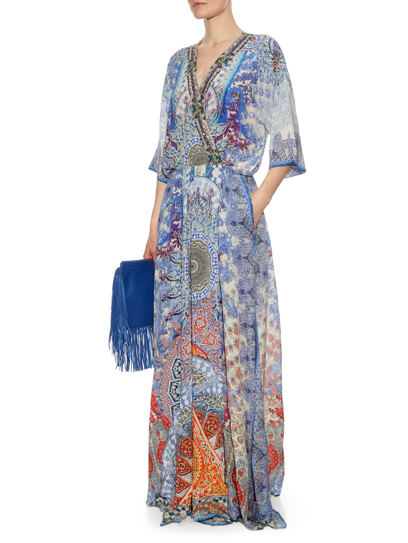 Camilla Silk Concubine Realm-print Wrap-over Dress in Blue - Lyst