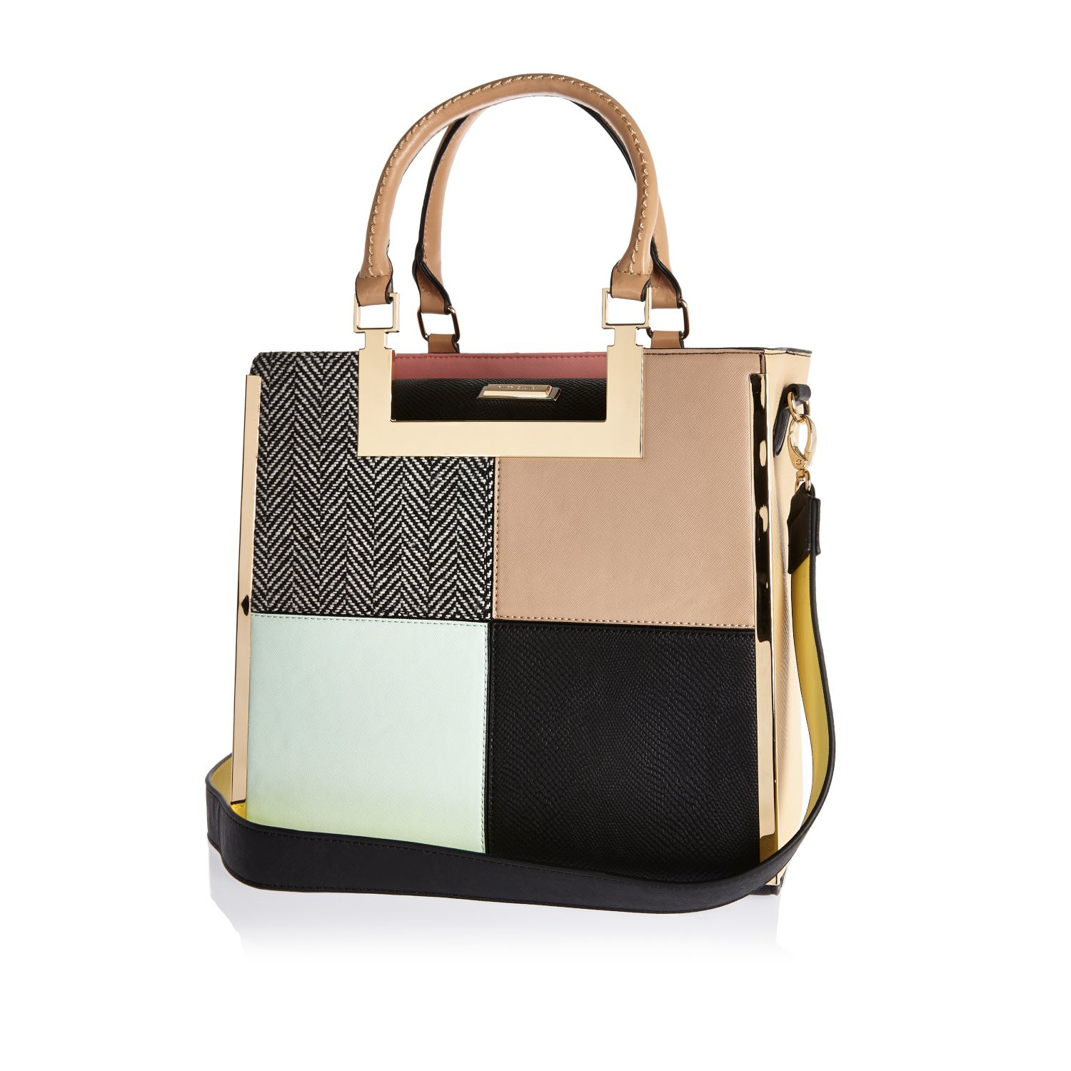 River Island Pink Patchwork Tote Handbag Green Pattern Clip Top Gallery