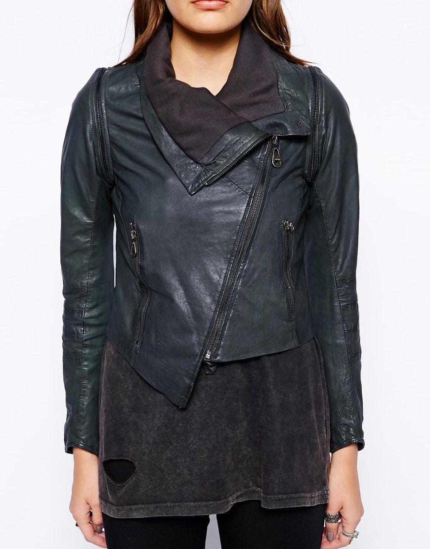 Doma Leather Jacket With Oversized Lapel In Blue Lyst Gallery