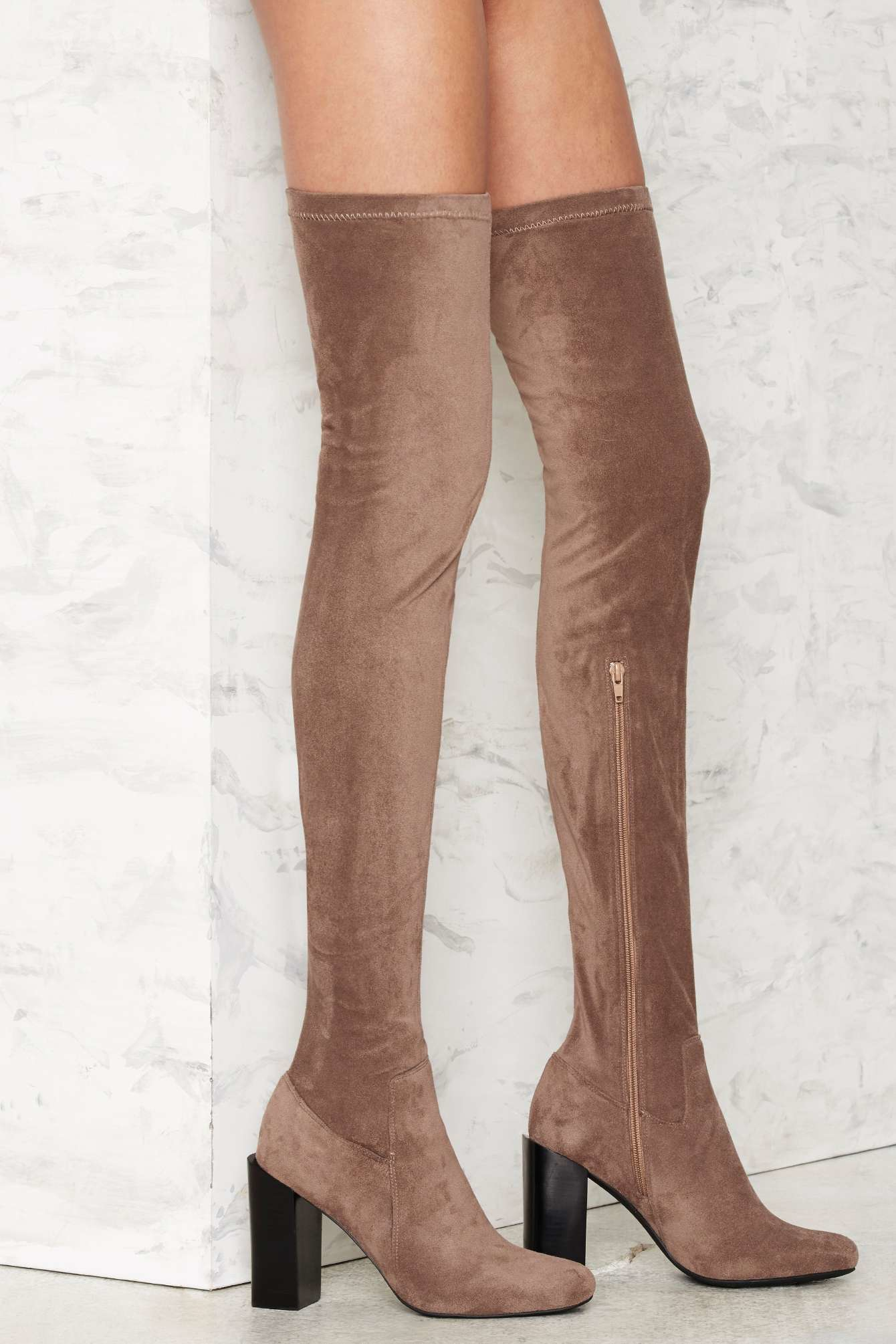 taupe thigh high boots