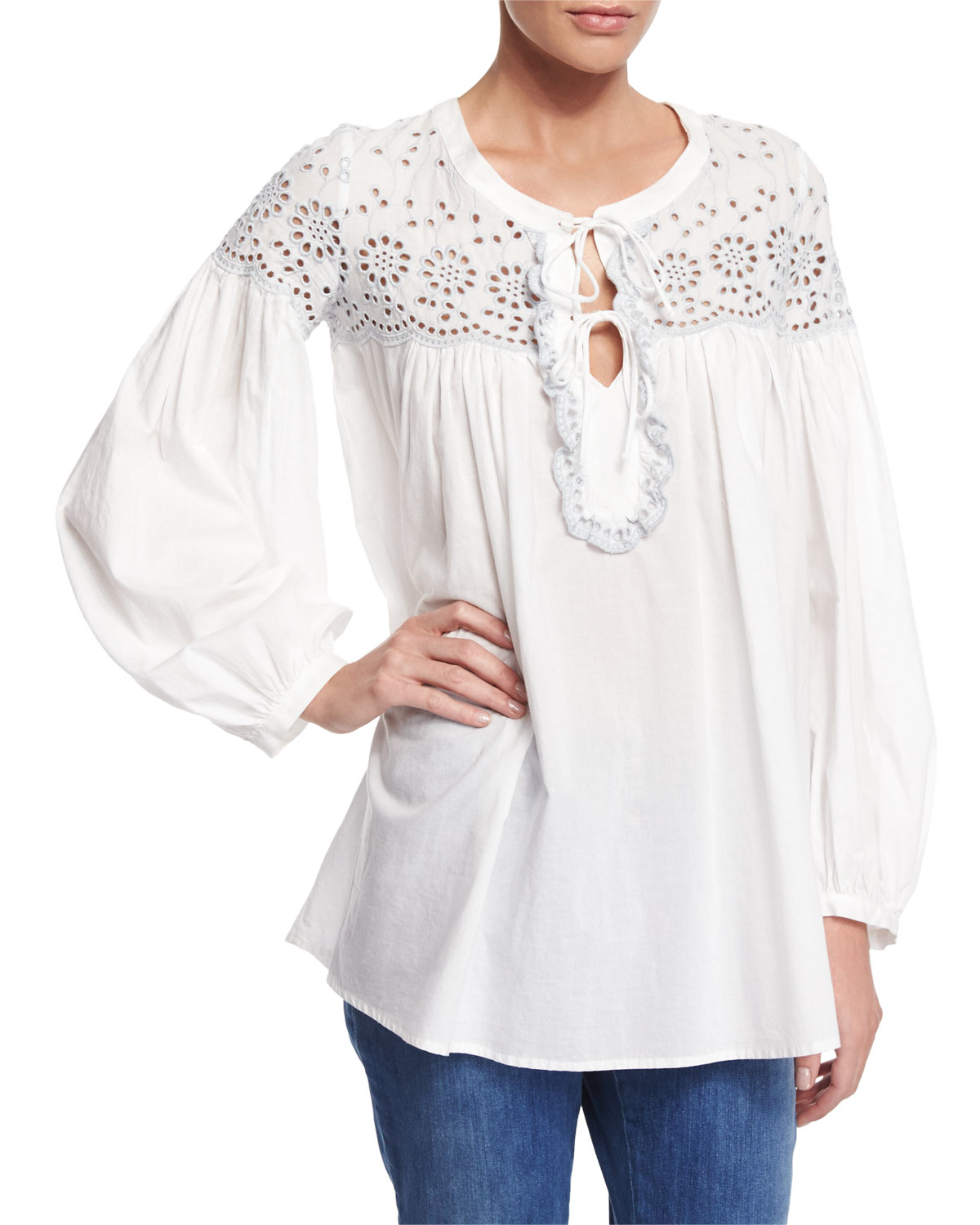 See by chloé Long-sleeve Eyelet Tie-front Blouse in White | Lyst