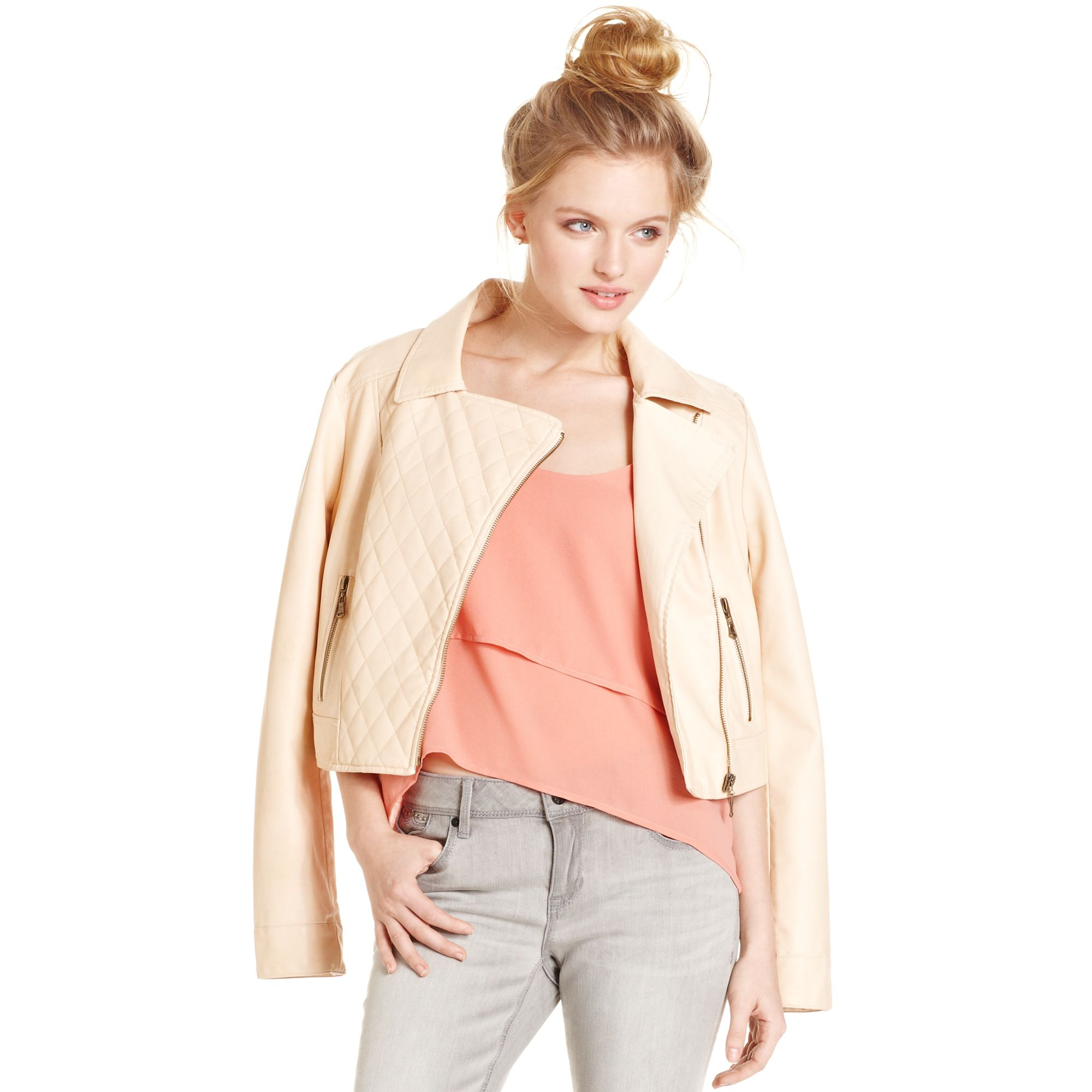 Lyst American Rag Faux Leather Quilted Moto Jacket In Pink Gallery