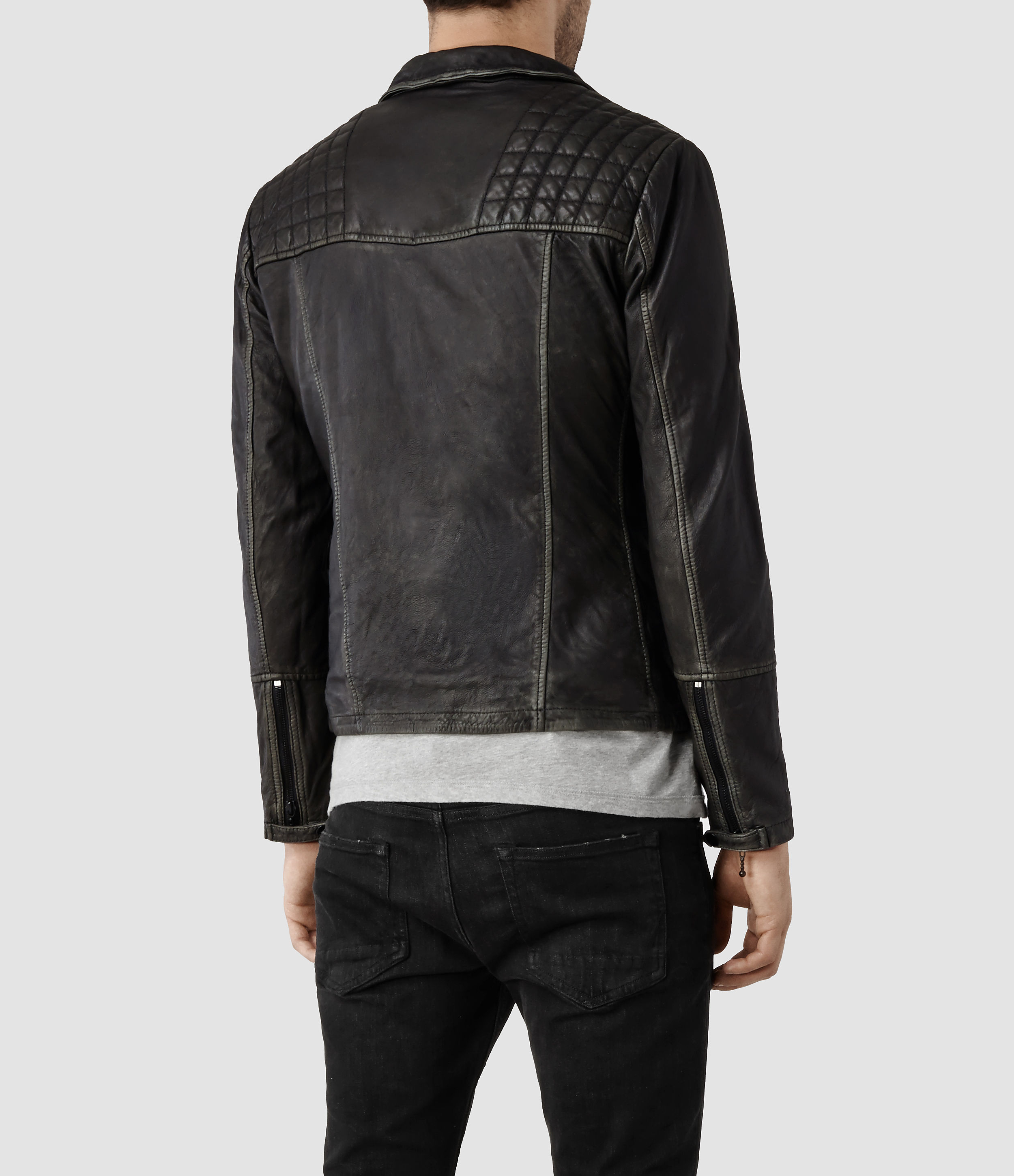 Allsaints Cargo Leather Biker Jacket Usa Usa in Black (black/grey) | Lyst