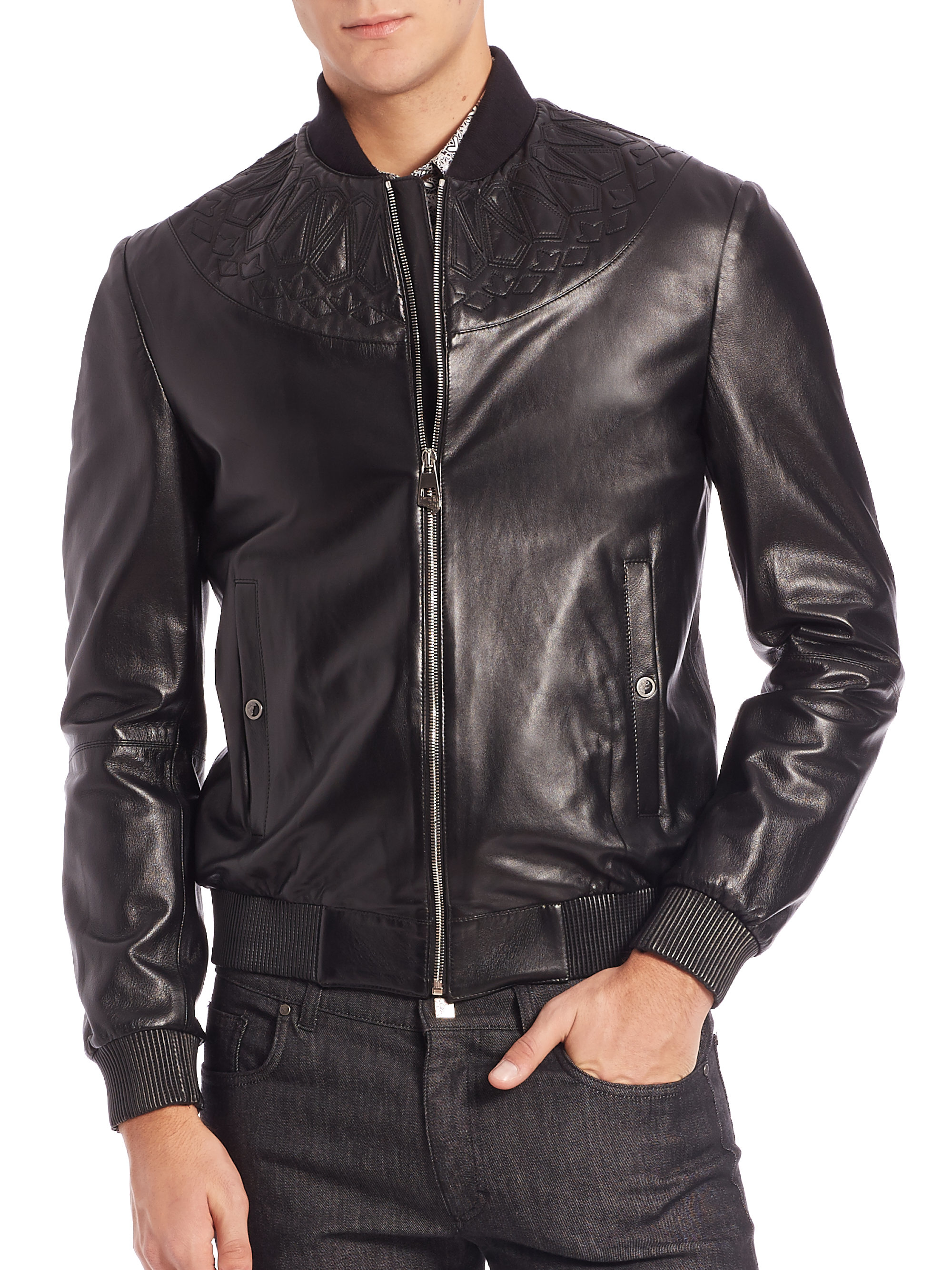 Versace Leather Bomber Jacket in Black for Men | Lyst
