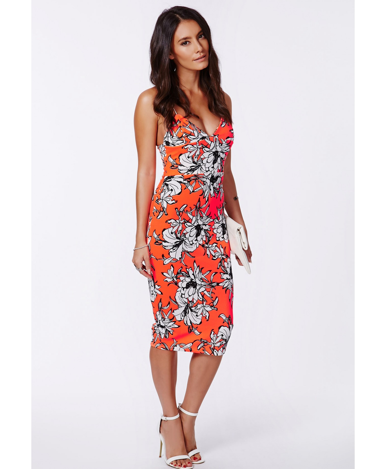Missguided Maggy Neon Coral Floral Strappy Midi Dress in Orange (coral
