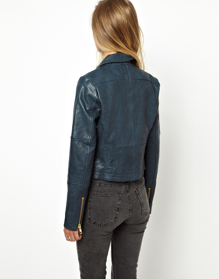 Asos Curved Hem Leather Jacket In Blue Lyst Gallery