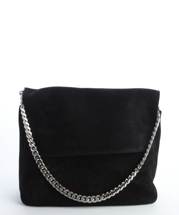 Céline Black Suede Silver Braided Chain Shoulder Bag in Black | Lyst