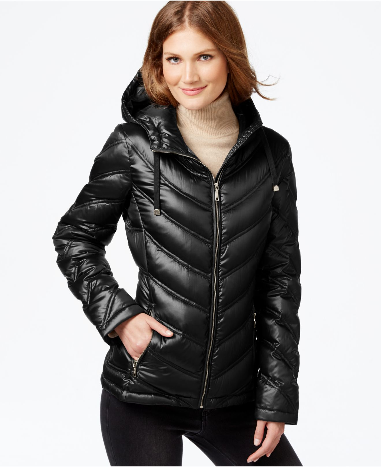 Calvin klein Chevron-quilted Packable Down Puffer Coat in Black | Lyst