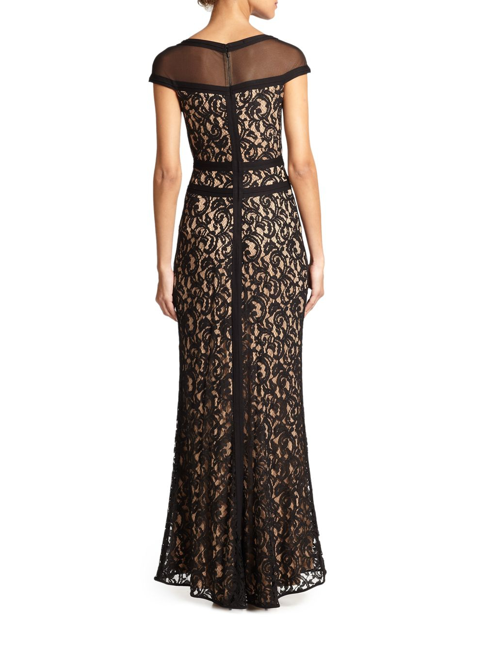 tadashi shoji off the shoulder illusion lace gown