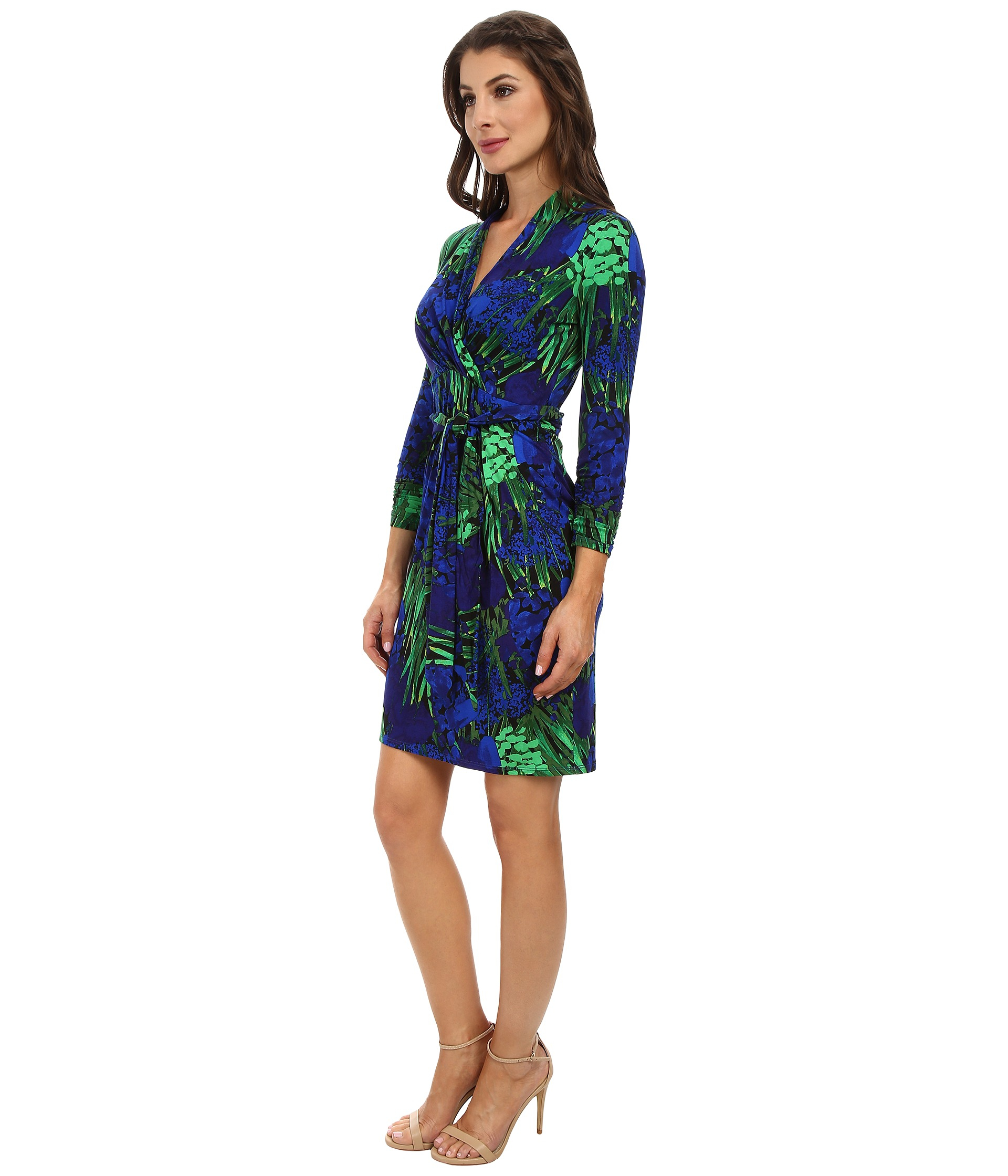 Adrianna papell Wrap Dress With 3/4 Sleeve in Blue | Lyst
