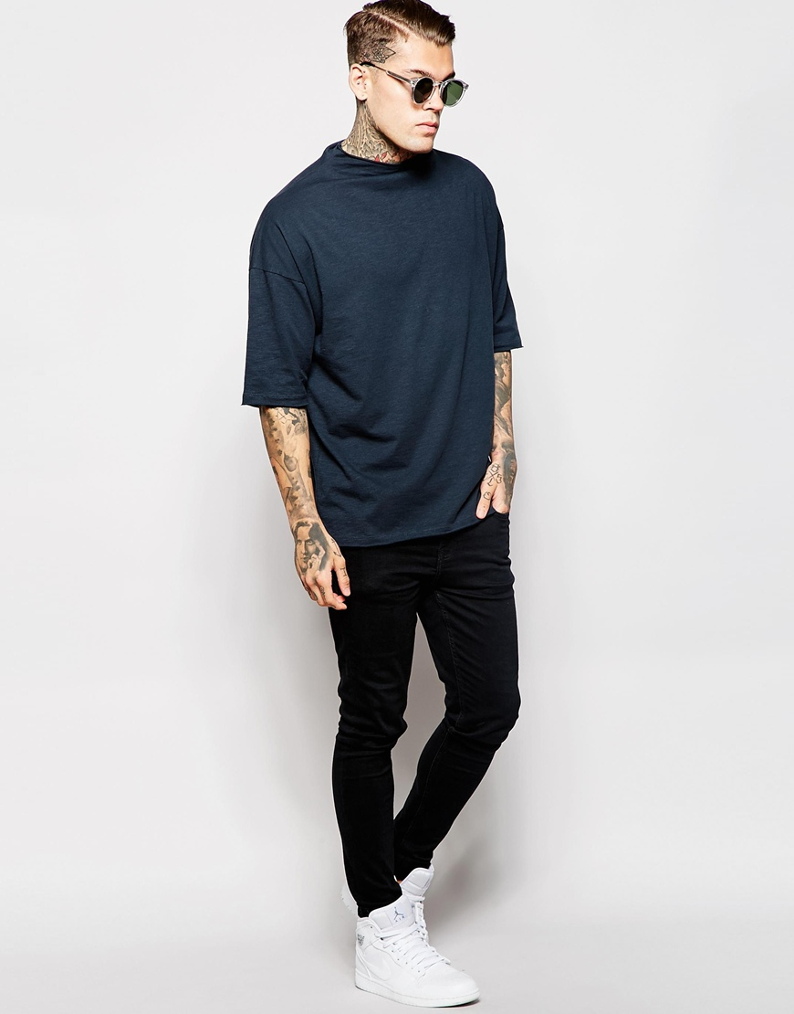 lyst-asos-oversized-t-shirt-with-raw-edge-turtle-neck-in-black-for-men