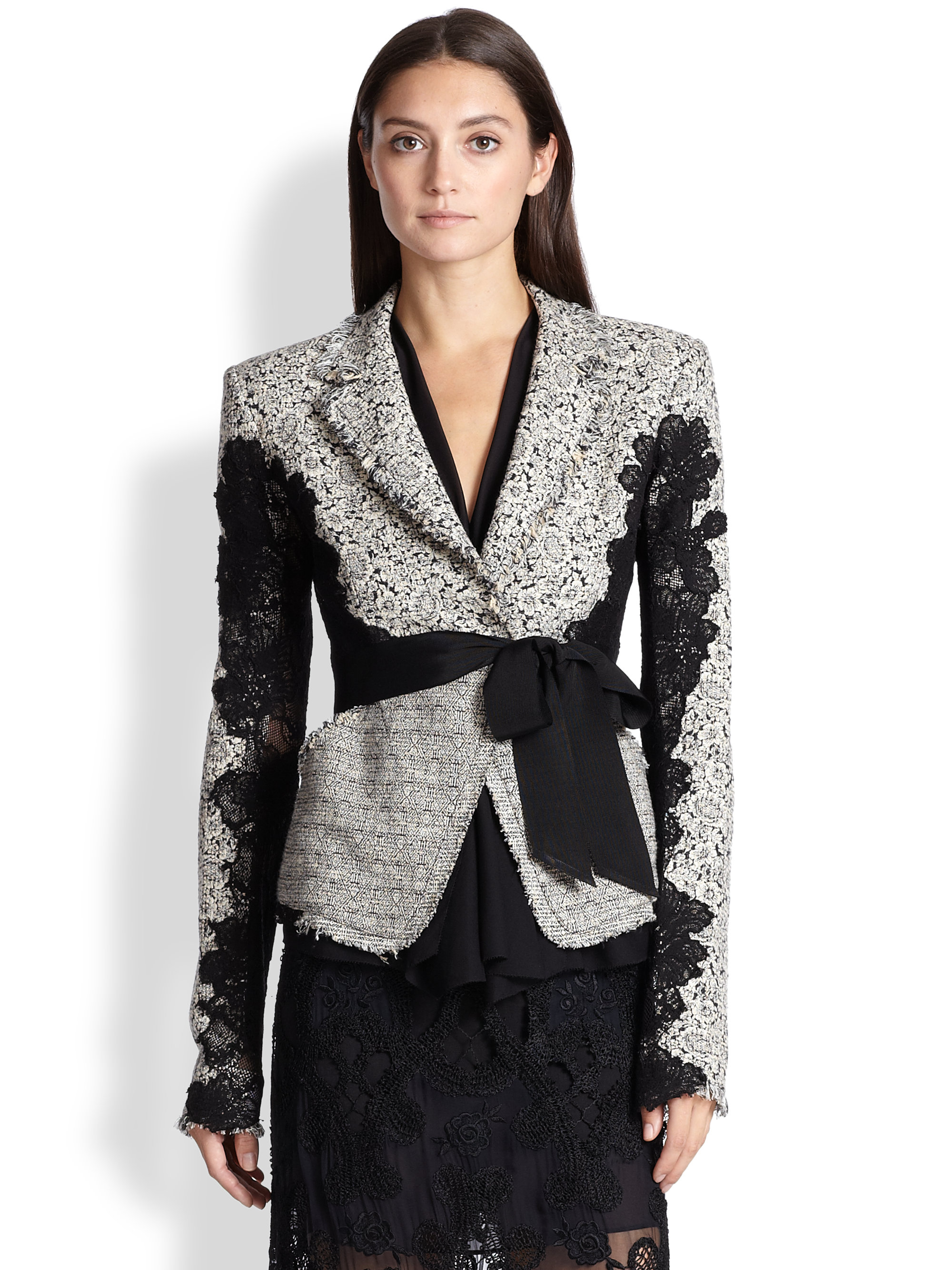 Donna karan Belted Tweed & Lace Jacket in White | Lyst