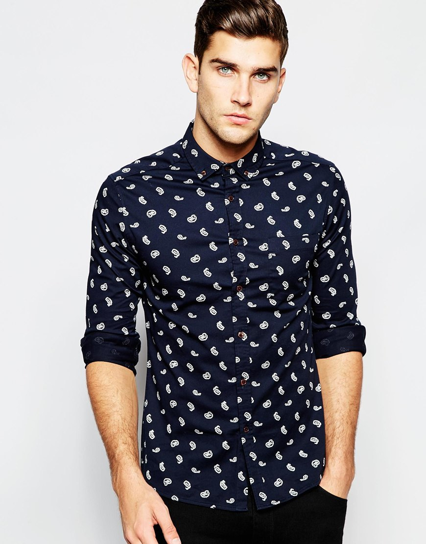 Asos Skinny Shirt With Paisley Print In Long Sleeve in Blue for Men | Lyst