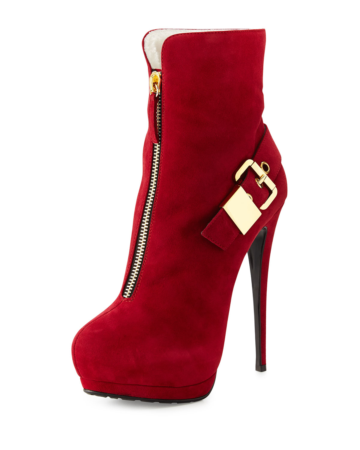 Giuseppe Zanotti Suede Zip-Front Fur-Lined Bootie in Red - Lyst
