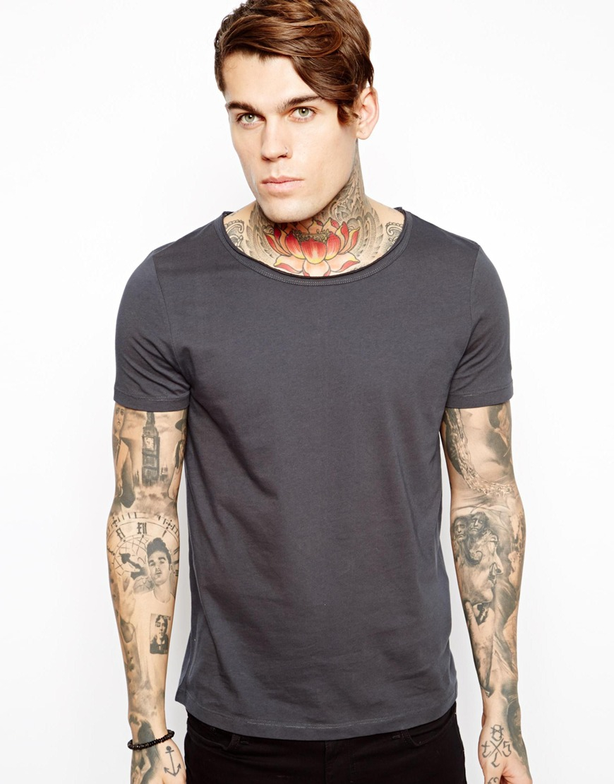 Asos T-Shirt With Raw Edge Scoop Neck in Gray for Men | Lyst