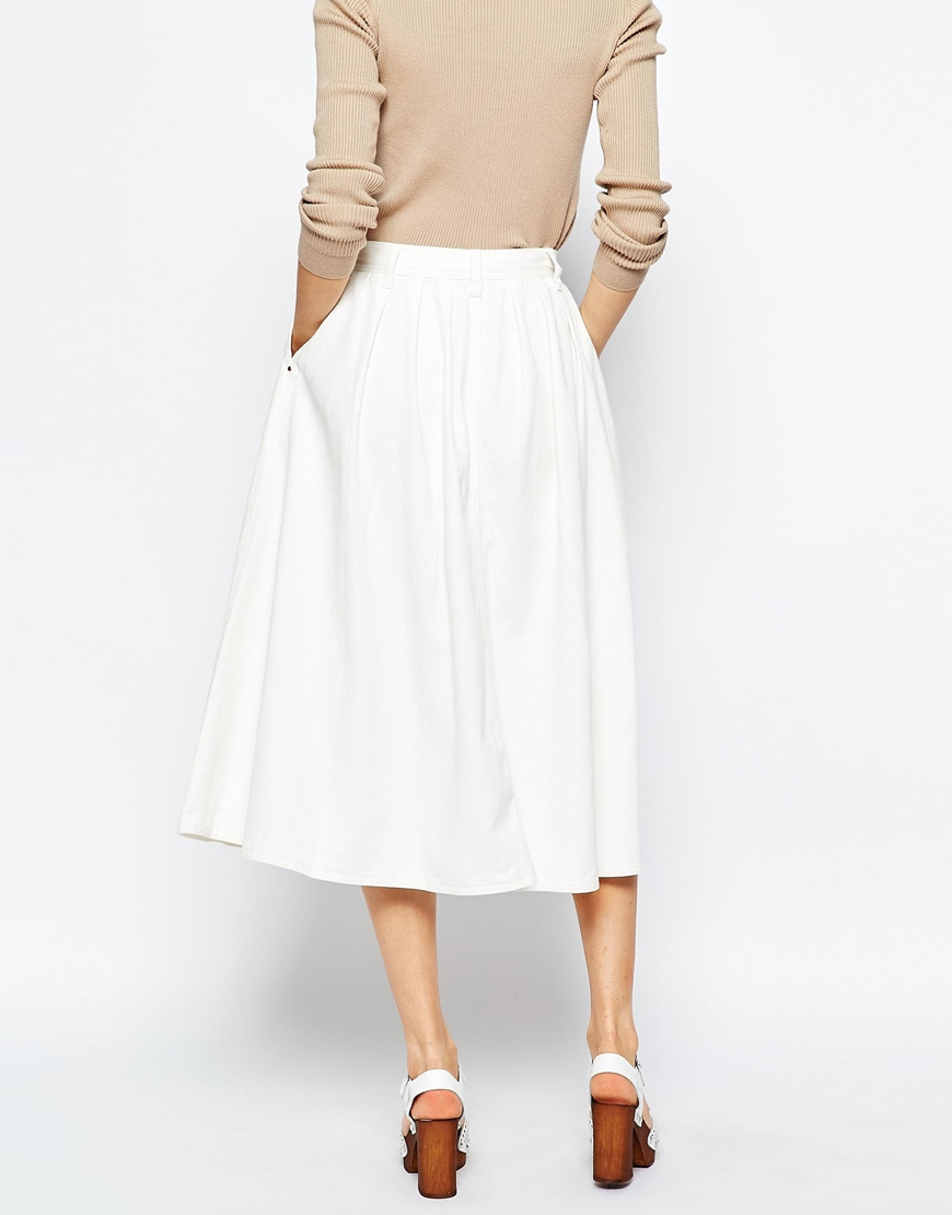 Lyst - Asos Denim High Waisted Button Through Midi Skirt In White in White
