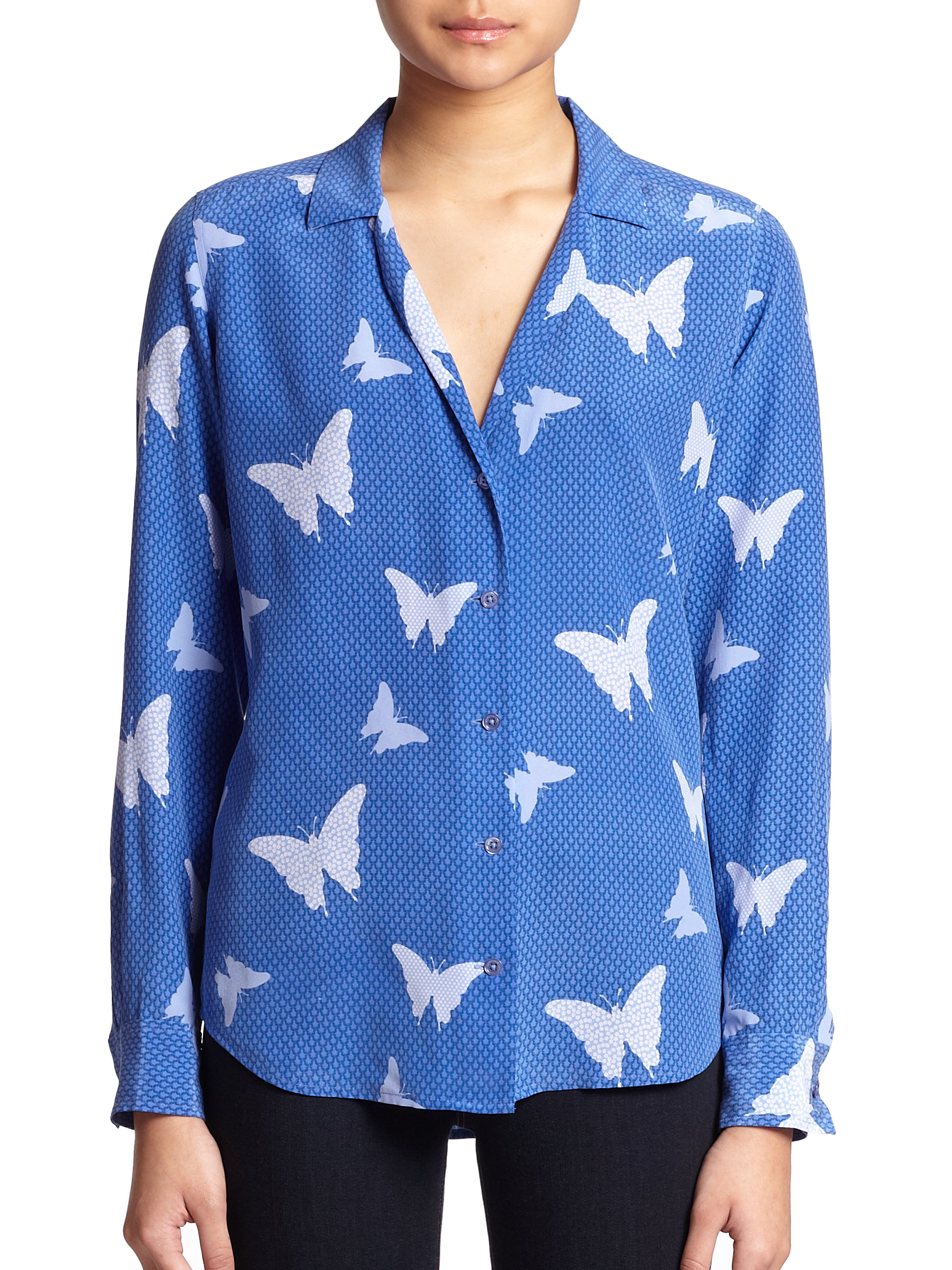 Lyst - Equipment Adalyn Silk Butterfly-Print Blouse in Blue