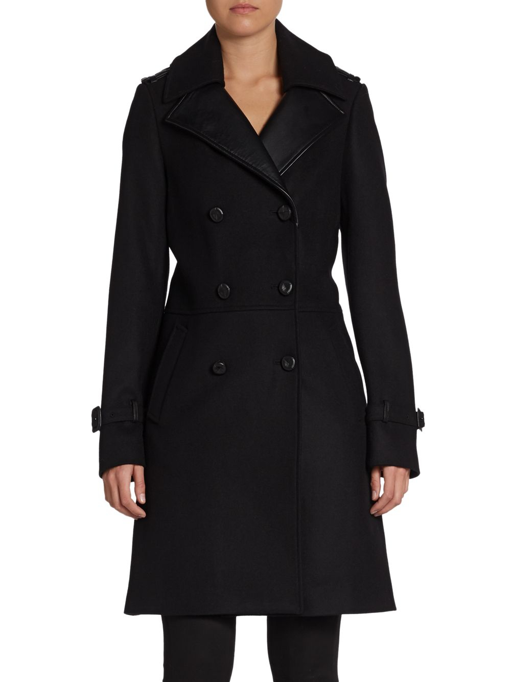 Lyst - Mackage Double-Breasted Leather-Accented Coachman Coat in Black