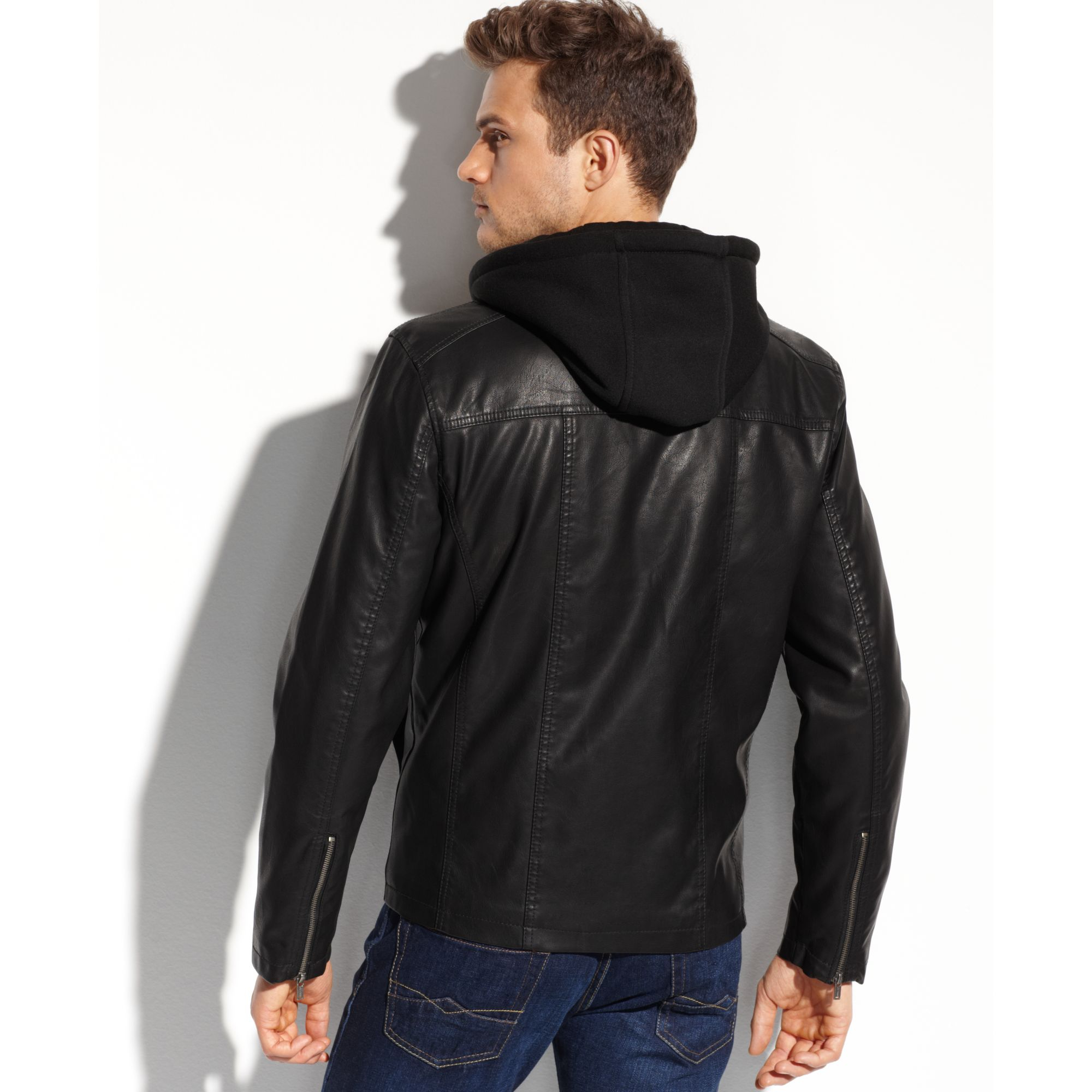 Guess Coats Faux Leather Fourpocket Hooded Jacket in Black for Men - Lyst
