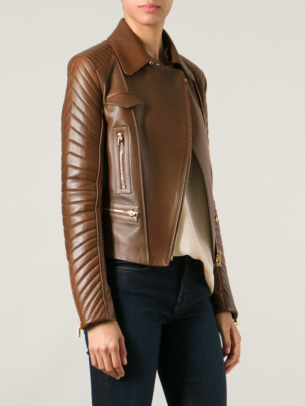 Tom Ford Wide Collar Biker Jacket In Brown Lyst Gallery