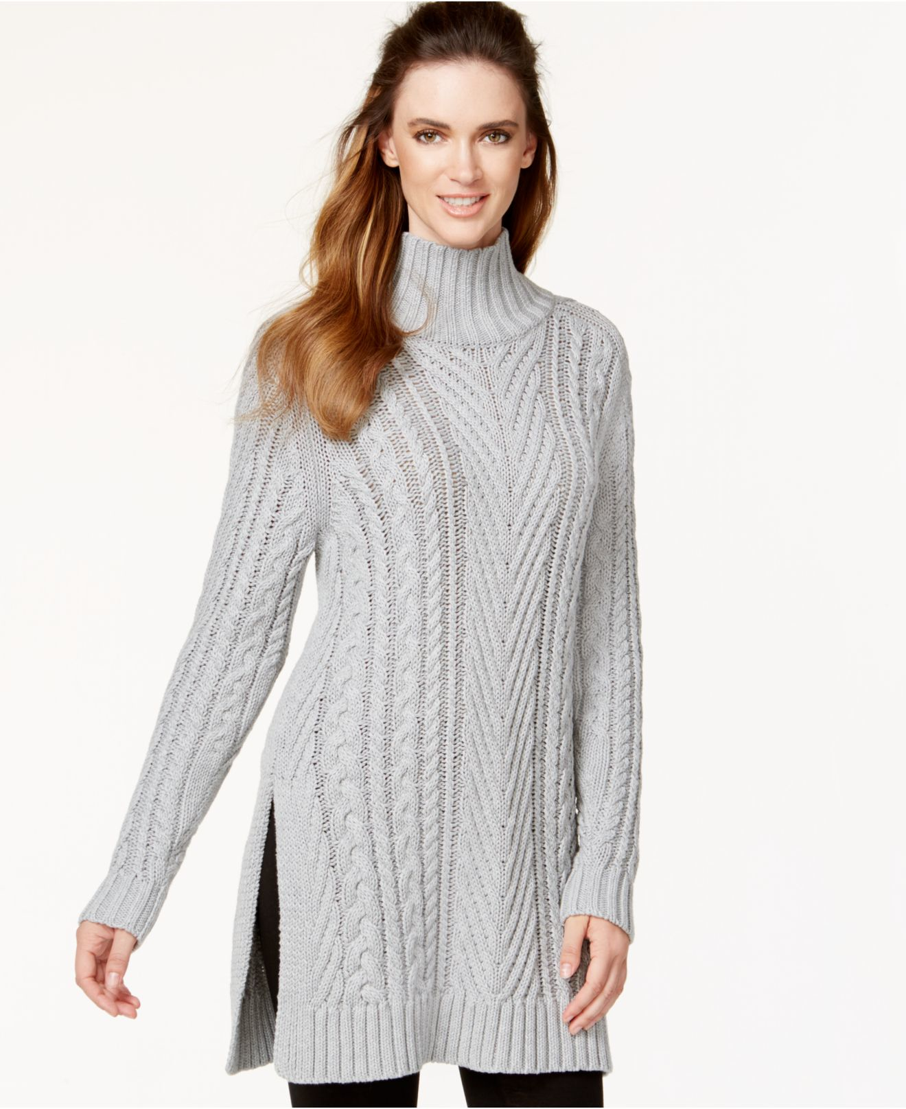 Vince camuto Mixed Cable-knit Tunic Sweater in Gray | Lyst