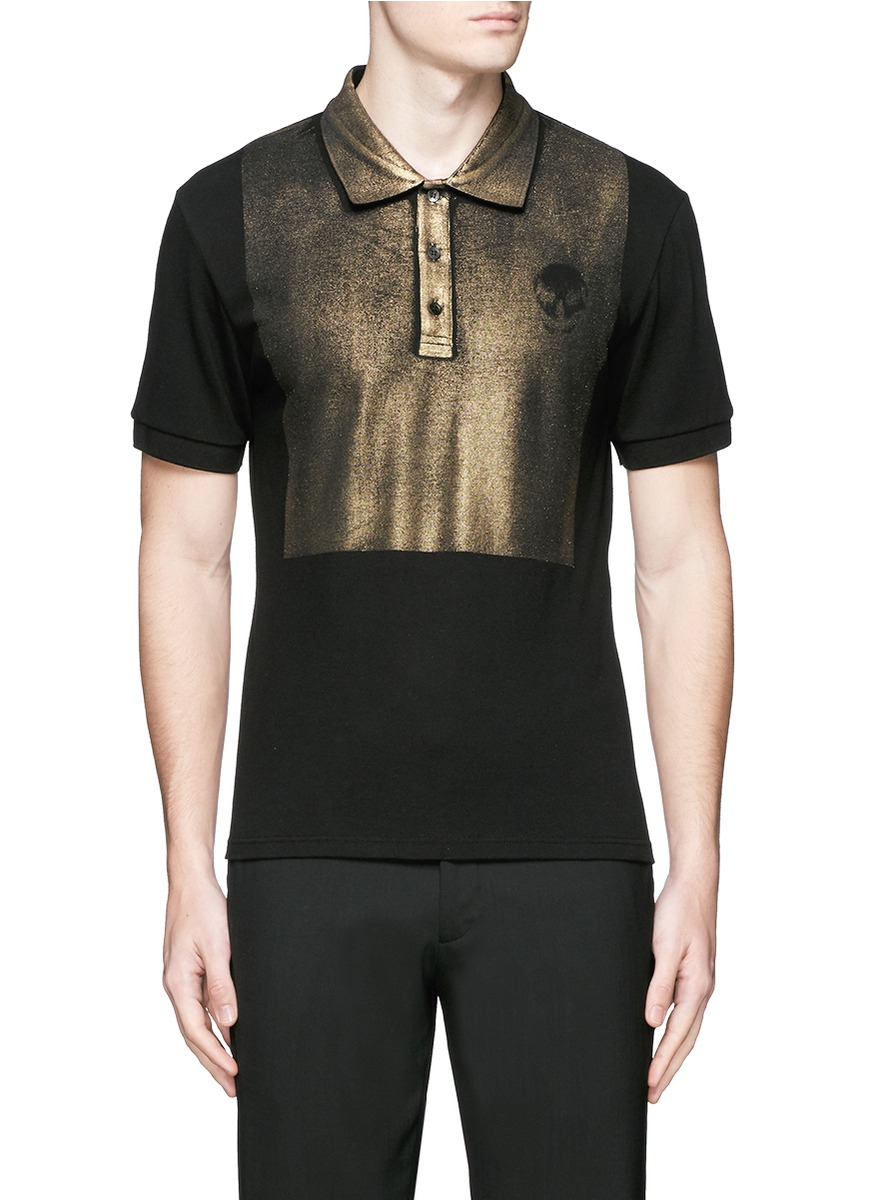 Alexander McQueen Metallic Skull Print Polo Shirt in Black for Men - Lyst