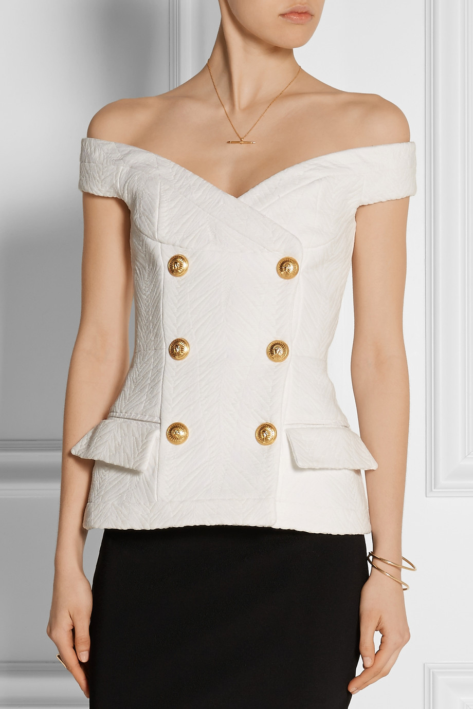 Lyst - Balmain Off-The-Shoulder Jacquard Top in White