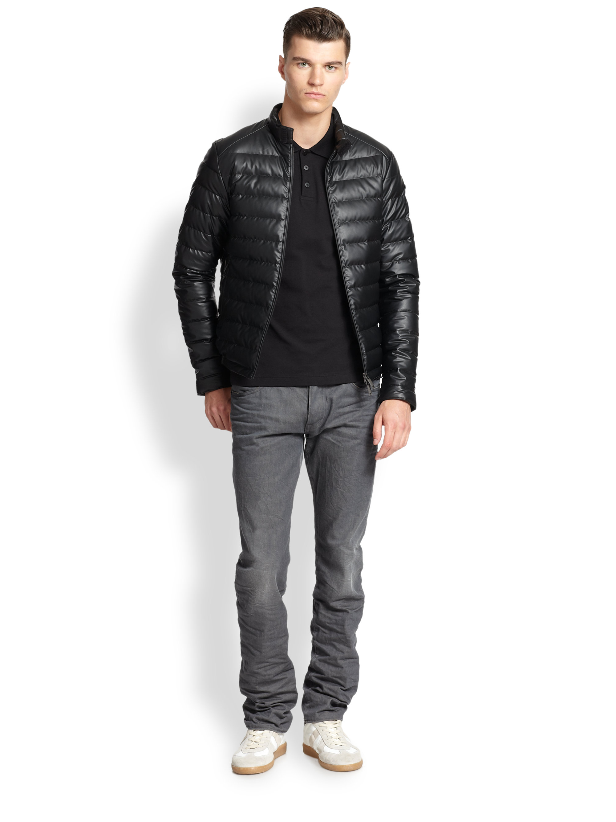 Emporio Armani Black Faux Leather Puffer Jacket For Men