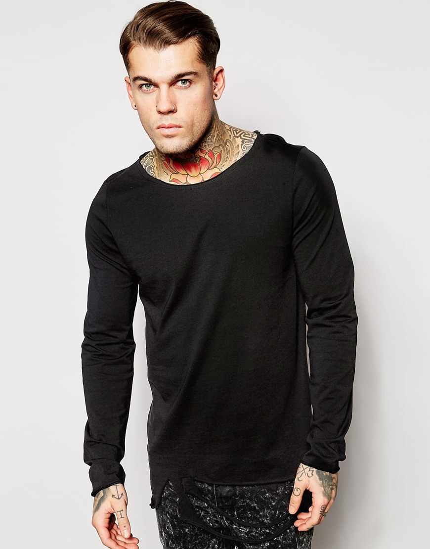 Lyst - ASOS Longline Long Sleeve T-shirt With Distressed Hem And Raw ...