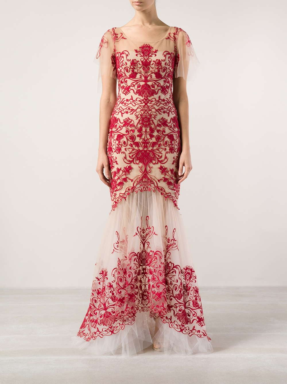 Lyst - Notte By Marchesa Illusion Neck Embroidered Gown in Red