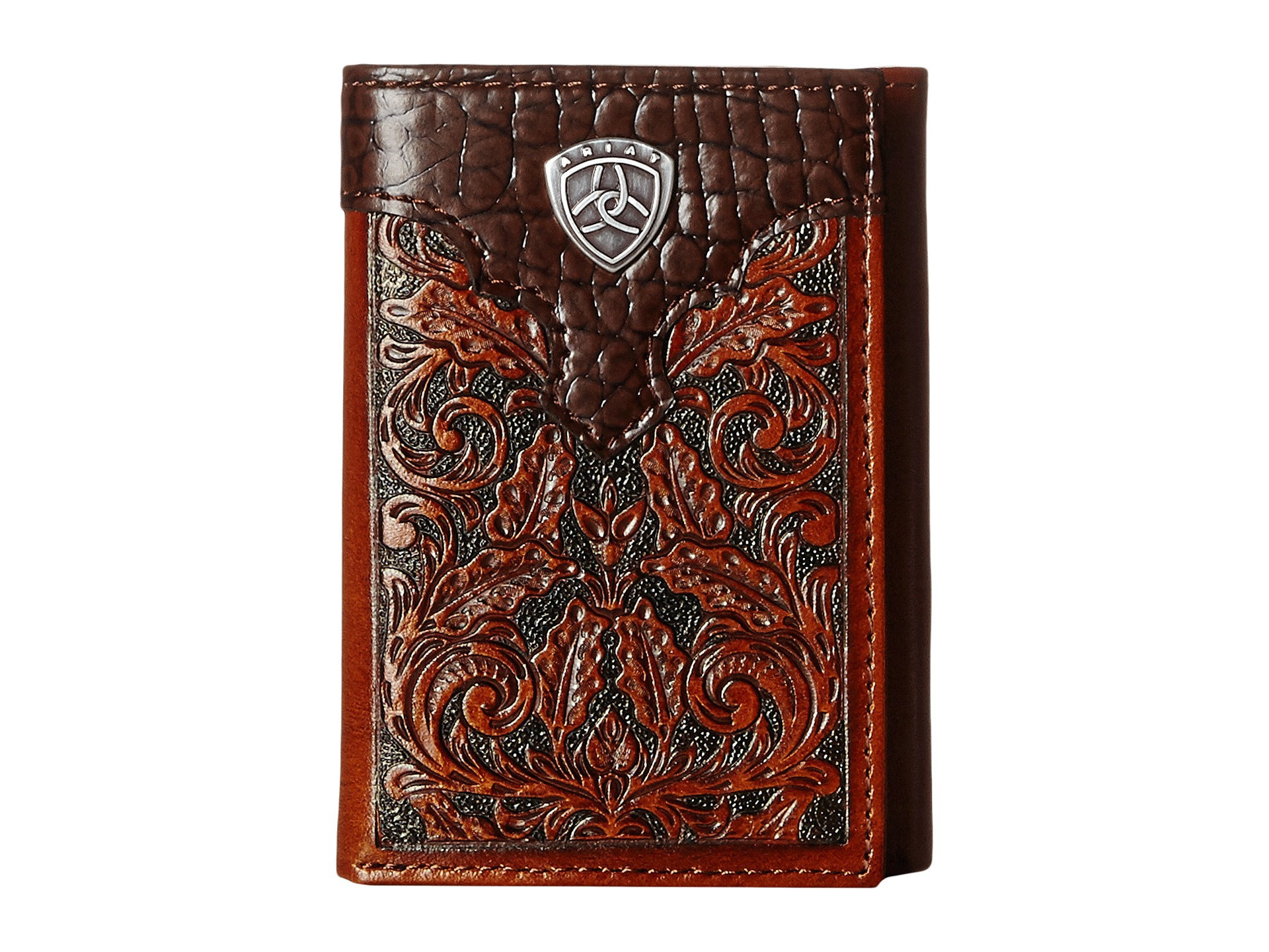 Ariat Tooled Tri-Fold Wallet With Gator Tab And Logo Concho in Brown ...
