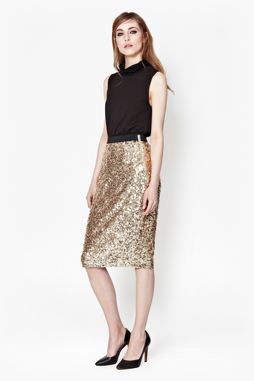 French connection Lunar Sparkle Sequin Pencil Skirt in Gold (Pale Gold