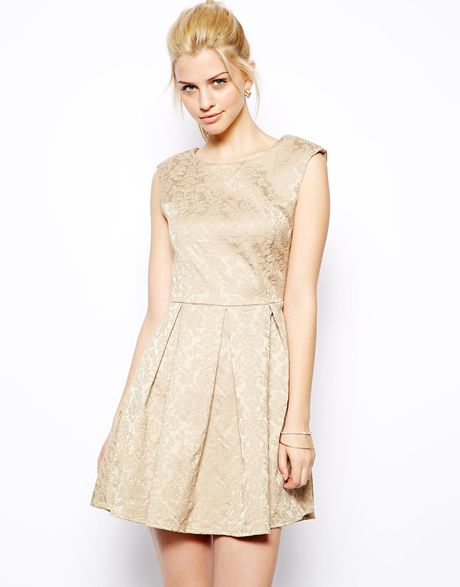 Glamorous Brocade Skater Dress with Open Back in Brown | Lyst