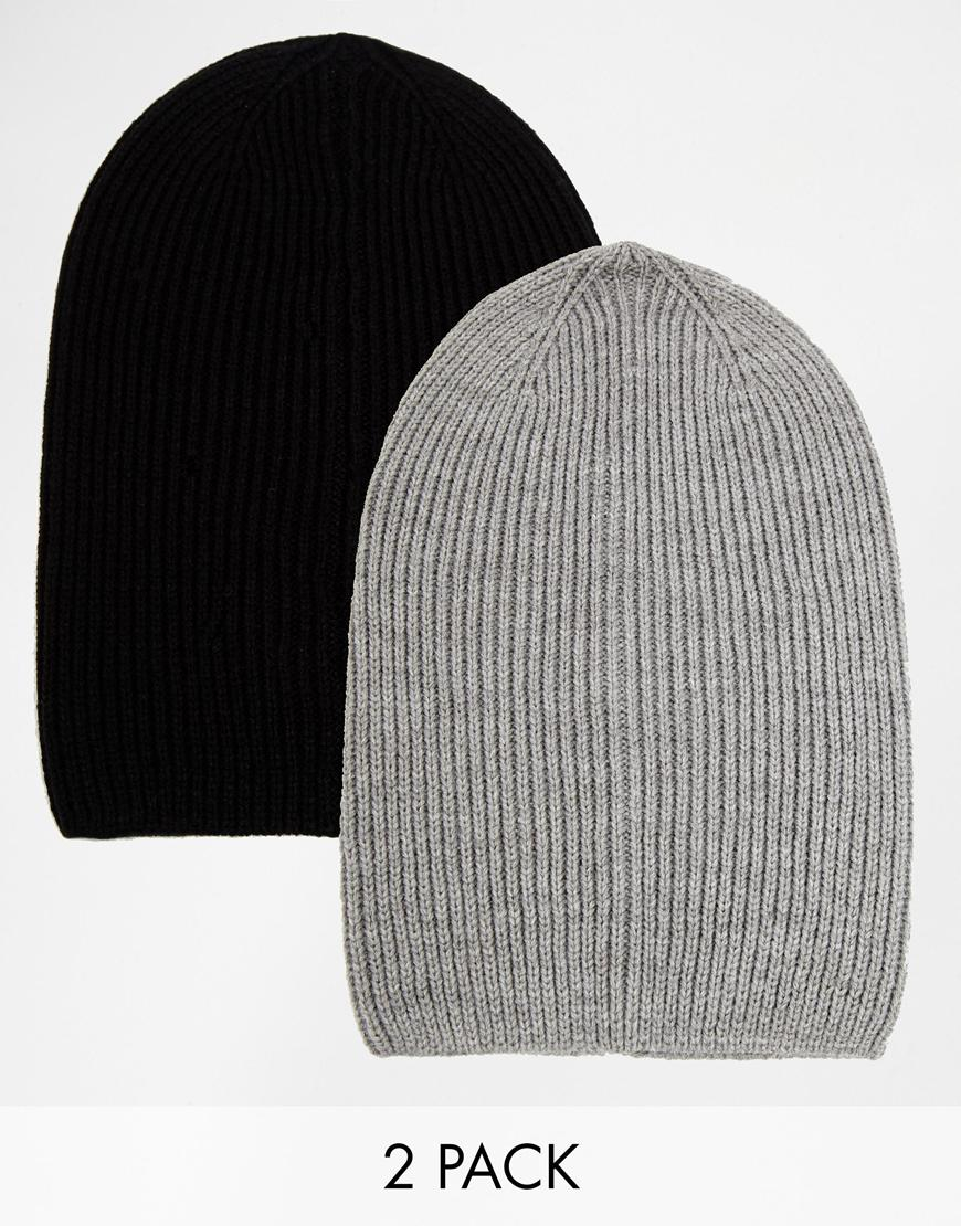 Lyst Asos Slouchy Beanie Hat 2 Pack Save 17 in Black for Men